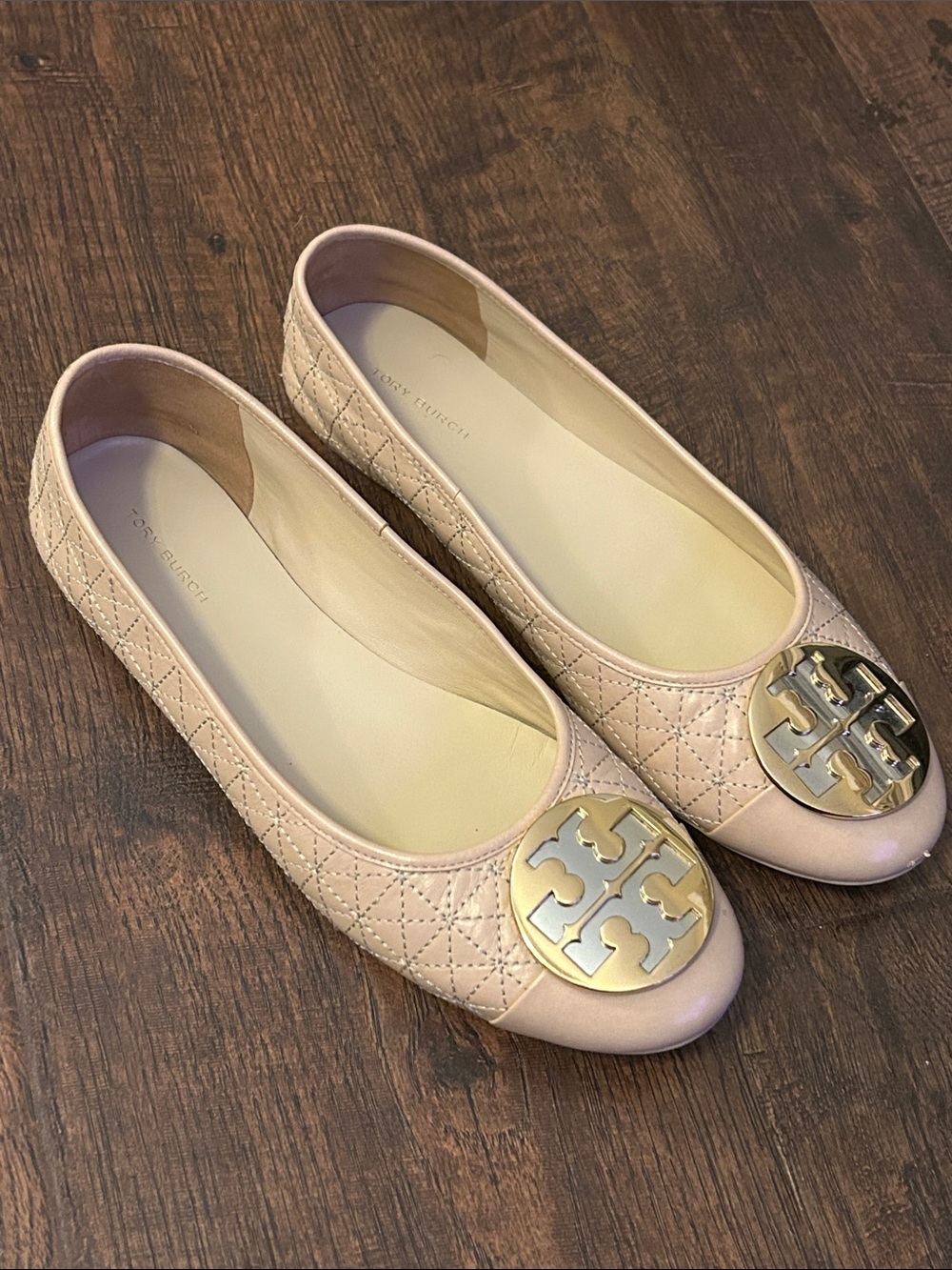 Tory Burch Blush Quilted Leather Logo Ballet Flats